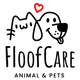 Logo of Floof Care with a cat and dog illustration and a red heart on a white background.